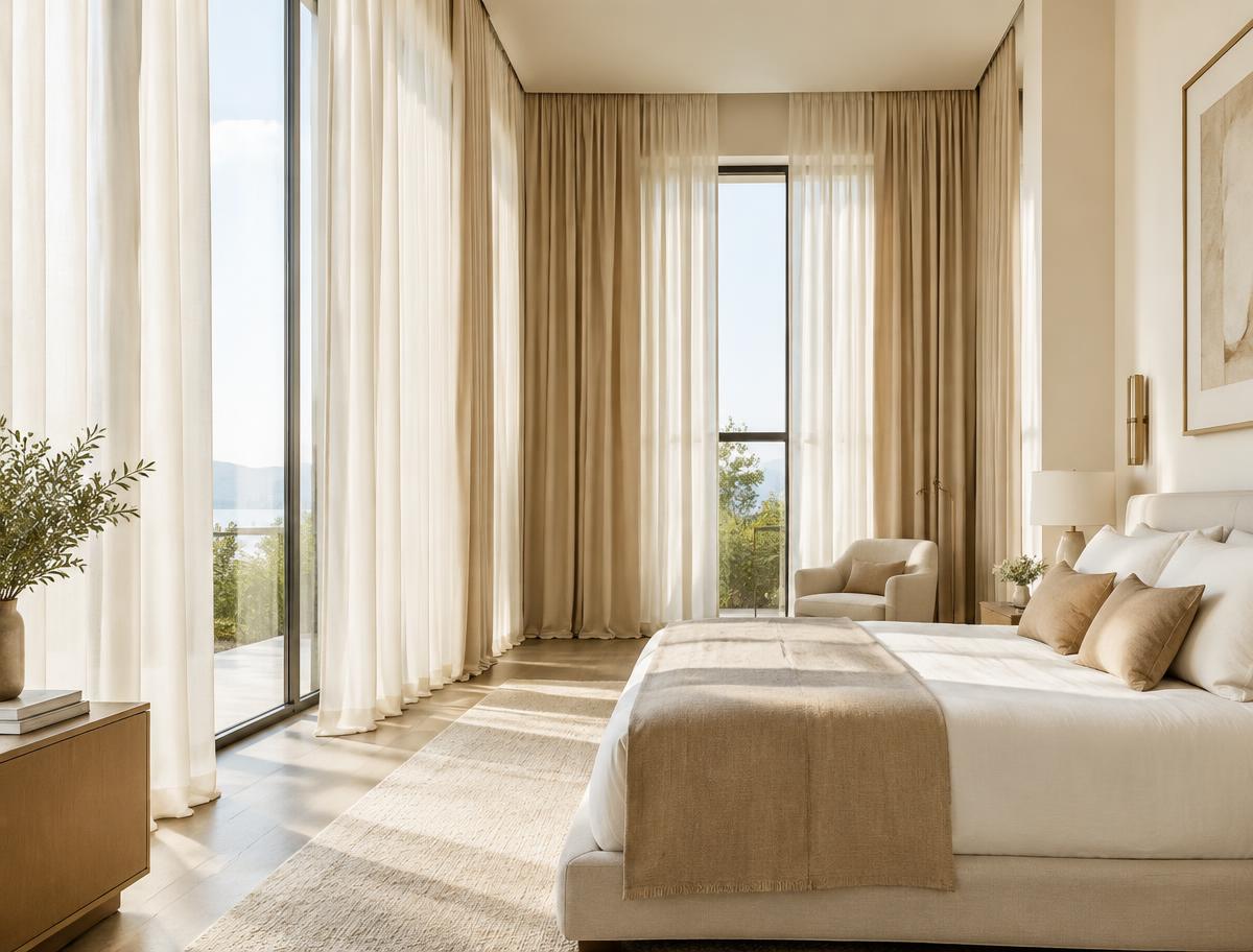 Rideaux en lin ivoire et sable du sol au plafond dans une chambre